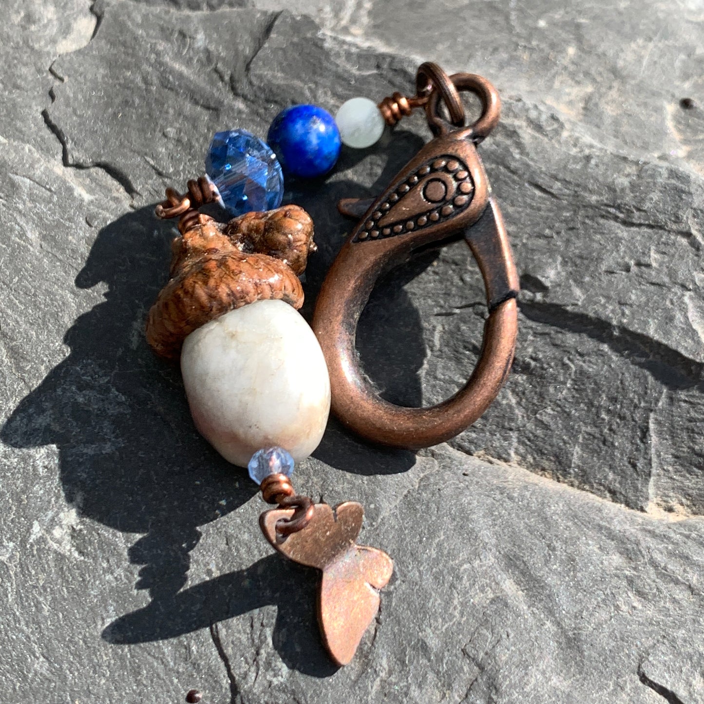 Mini Lavender & White Keyring Acorn Charm w/ Copper Butterfly