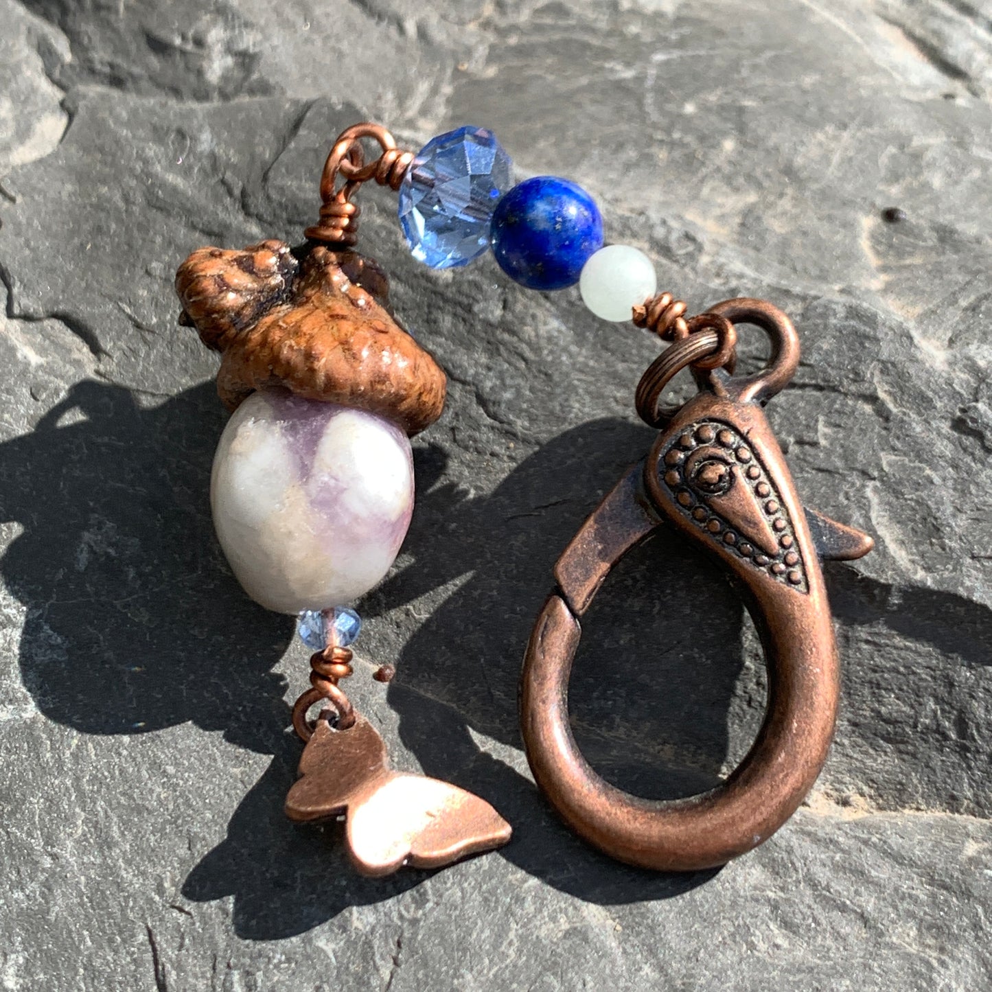 Mini Lavender & White Keyring Acorn Charm w/ Copper Butterfly