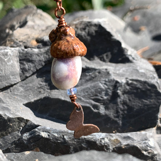 Mini Lavender & White Keyring Acorn Charm w/ Copper Butterfly