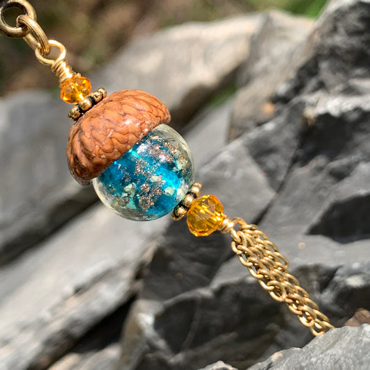 Teal Crystal Keyring Acorn Charm w/ Tassels