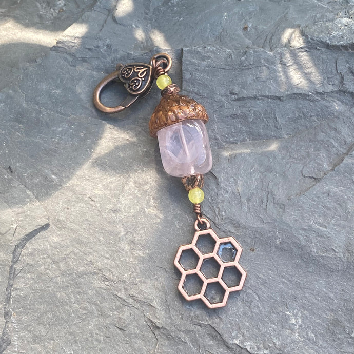 Rose Quartz Acorn Charm with Copper Honeycomb