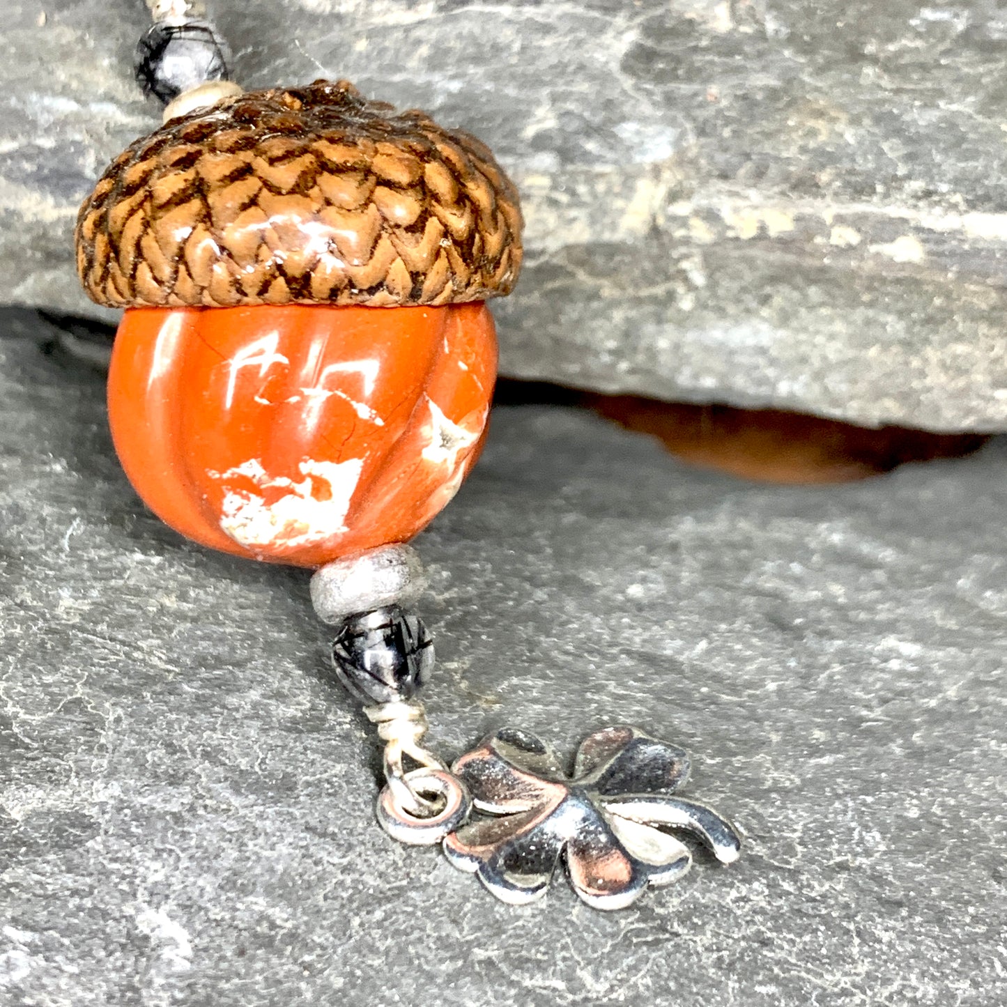 Pumpkin Keyring Acorn Charm w/ Silver Clover