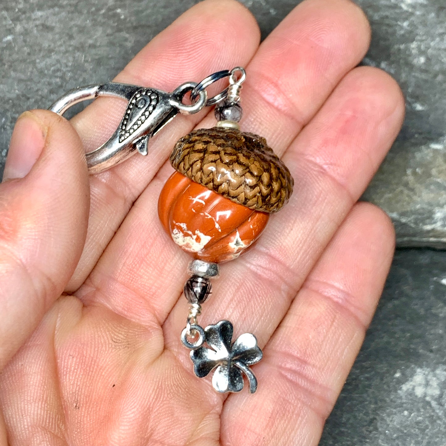 Pumpkin Keyring Acorn Charm w/ Silver Clover