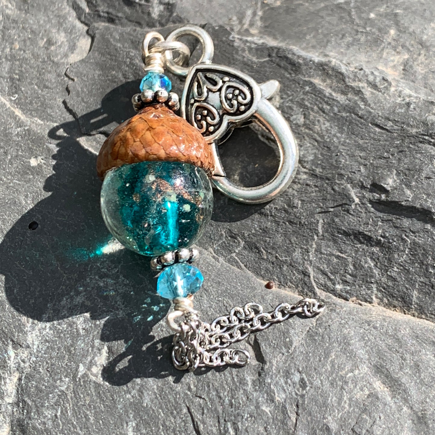 Teal Crystal Keyring Acorn Charm w/ Tassels