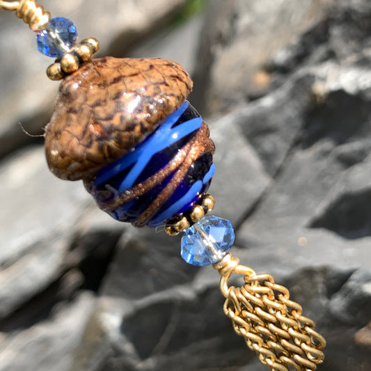 Blue Crystal Keyring Acorn Charm w/ Tassels