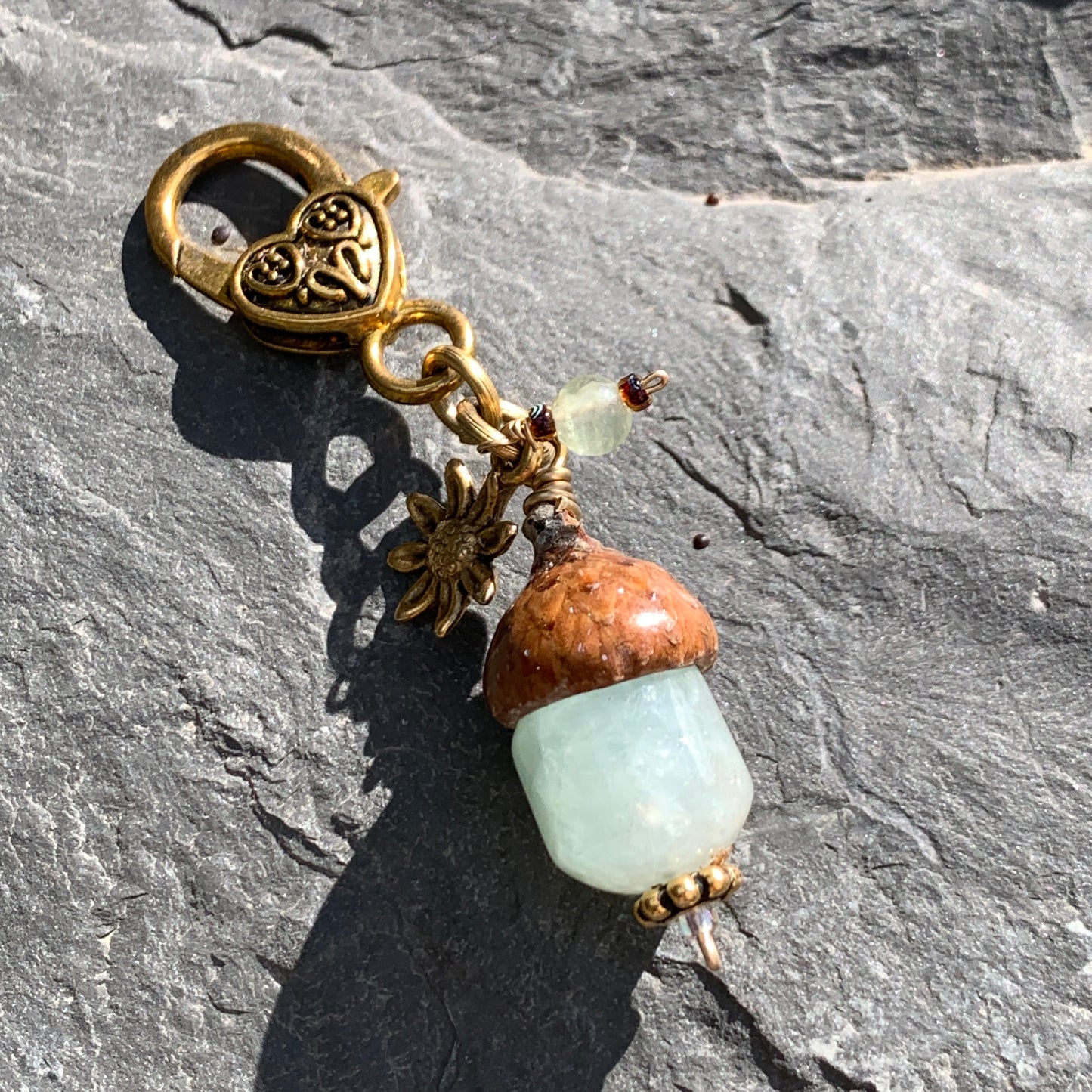 Mint Keyring Acorn Charm w/ Gold Flower