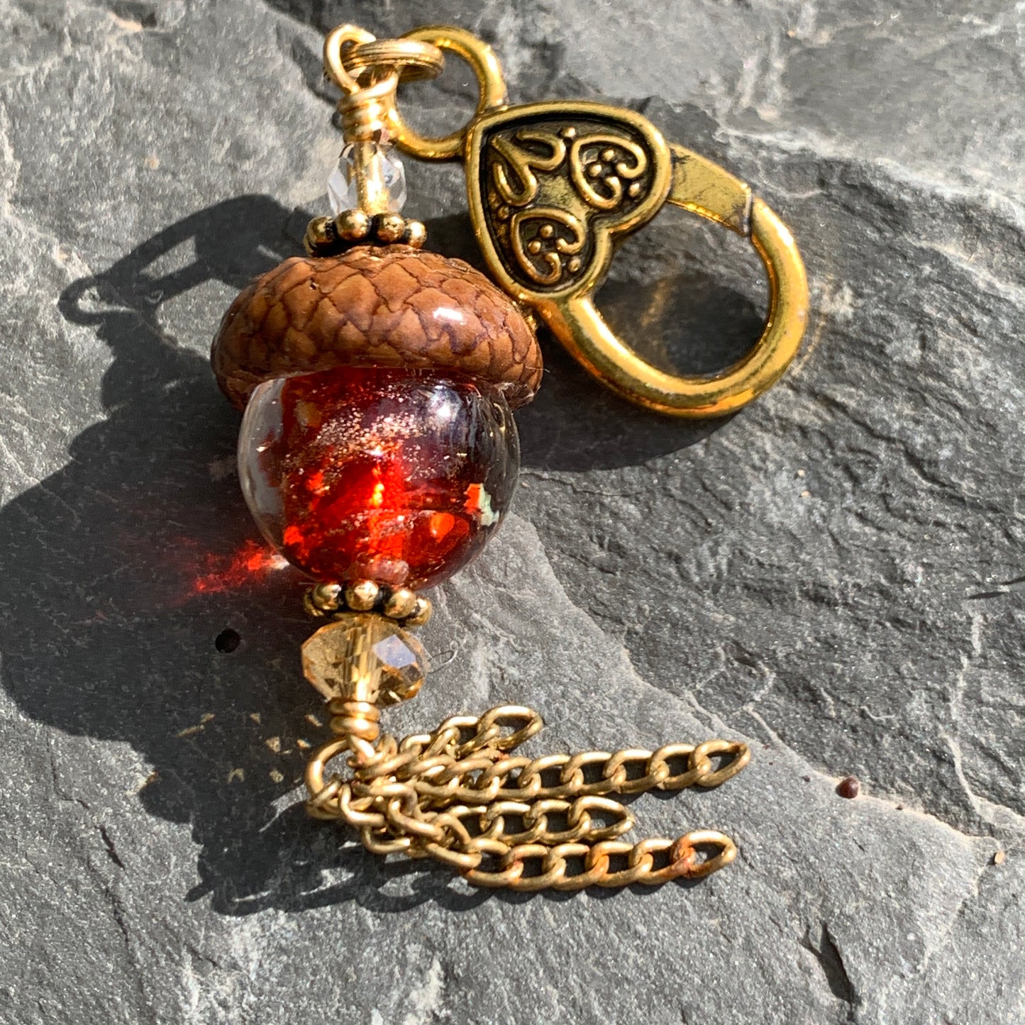 Red Crystal Keyring Acorn Charm w/ Tassels