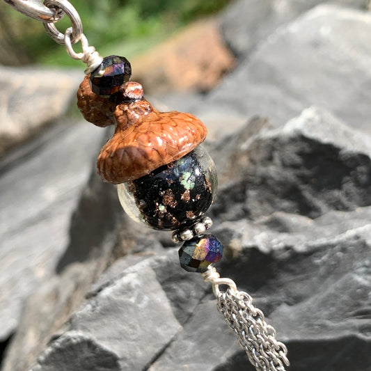 Black Crystal Keyring Acorn Charm w/ Tassels