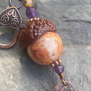 Crazy Lace Agate Acorn Charm with Flower Drop