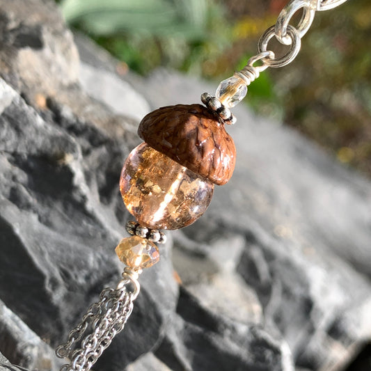 Pink Crystal Keyring Acorn Charm w/ Tassels