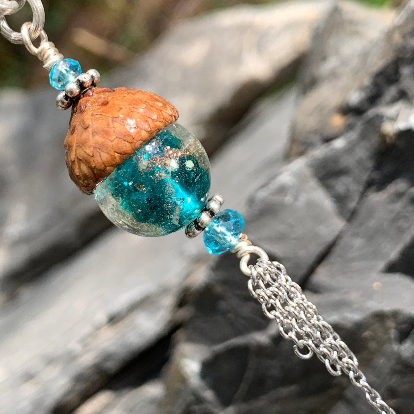 Teal Crystal Keyring Acorn Charm w/ Tassels