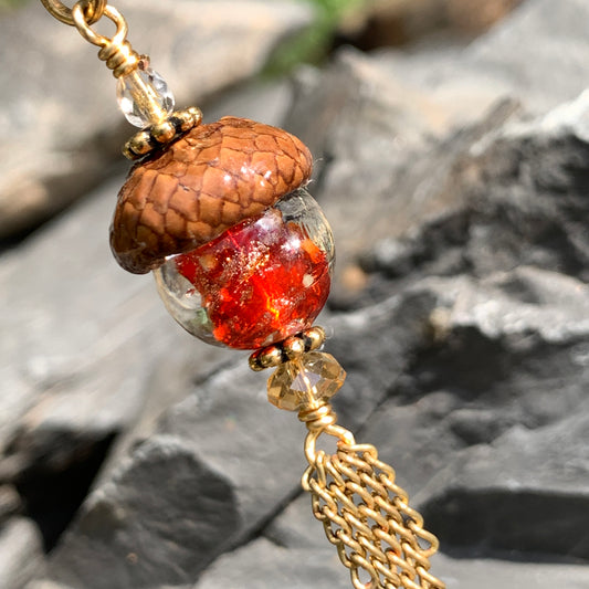 Red Crystal Keyring Acorn Charm w/ Tassels