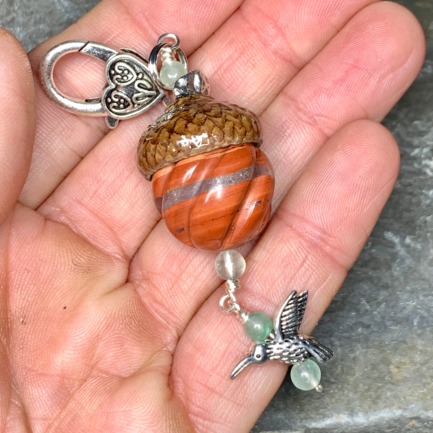 Pumpkin Keyring Acorn Charm w/ Silver Humingbird