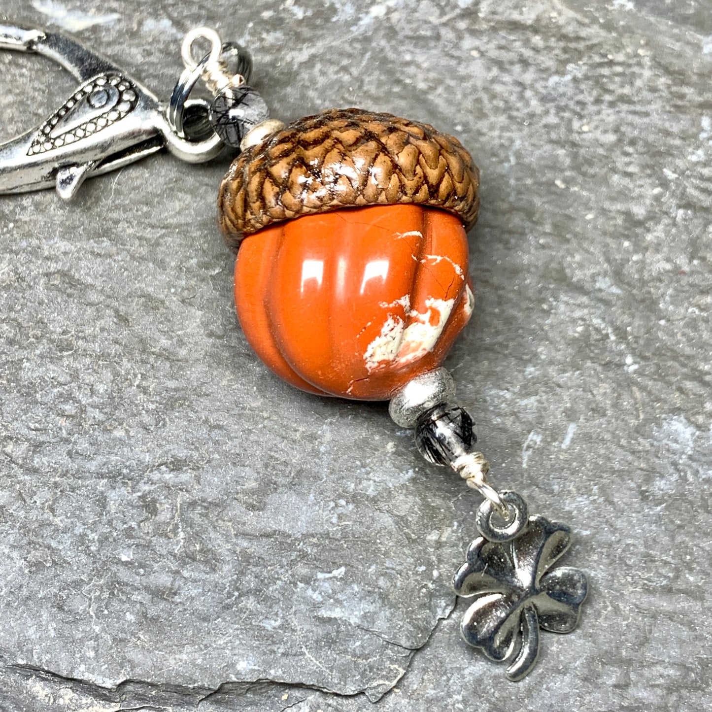 Pumpkin Keyring Acorn Charm w/ Silver Clover