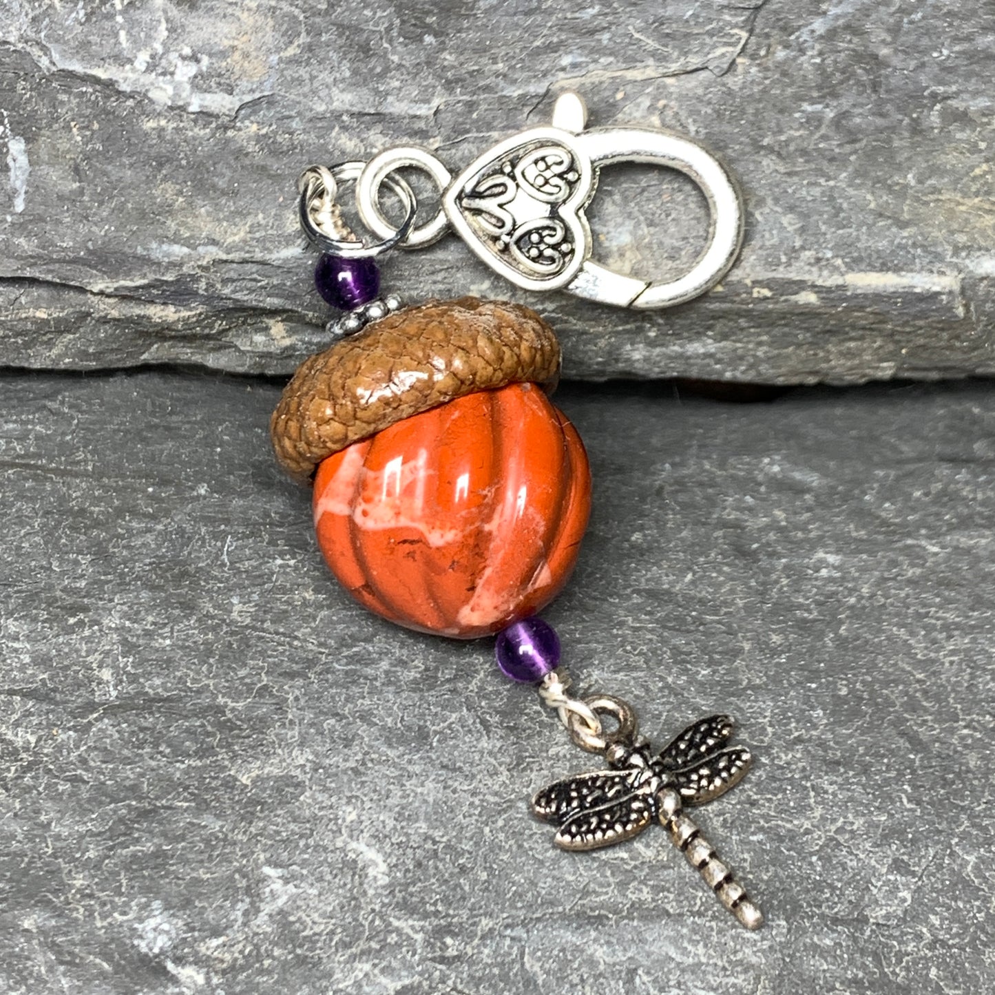 Pumpkin Keyring Acorn Charm w/ Silver Dragonfly