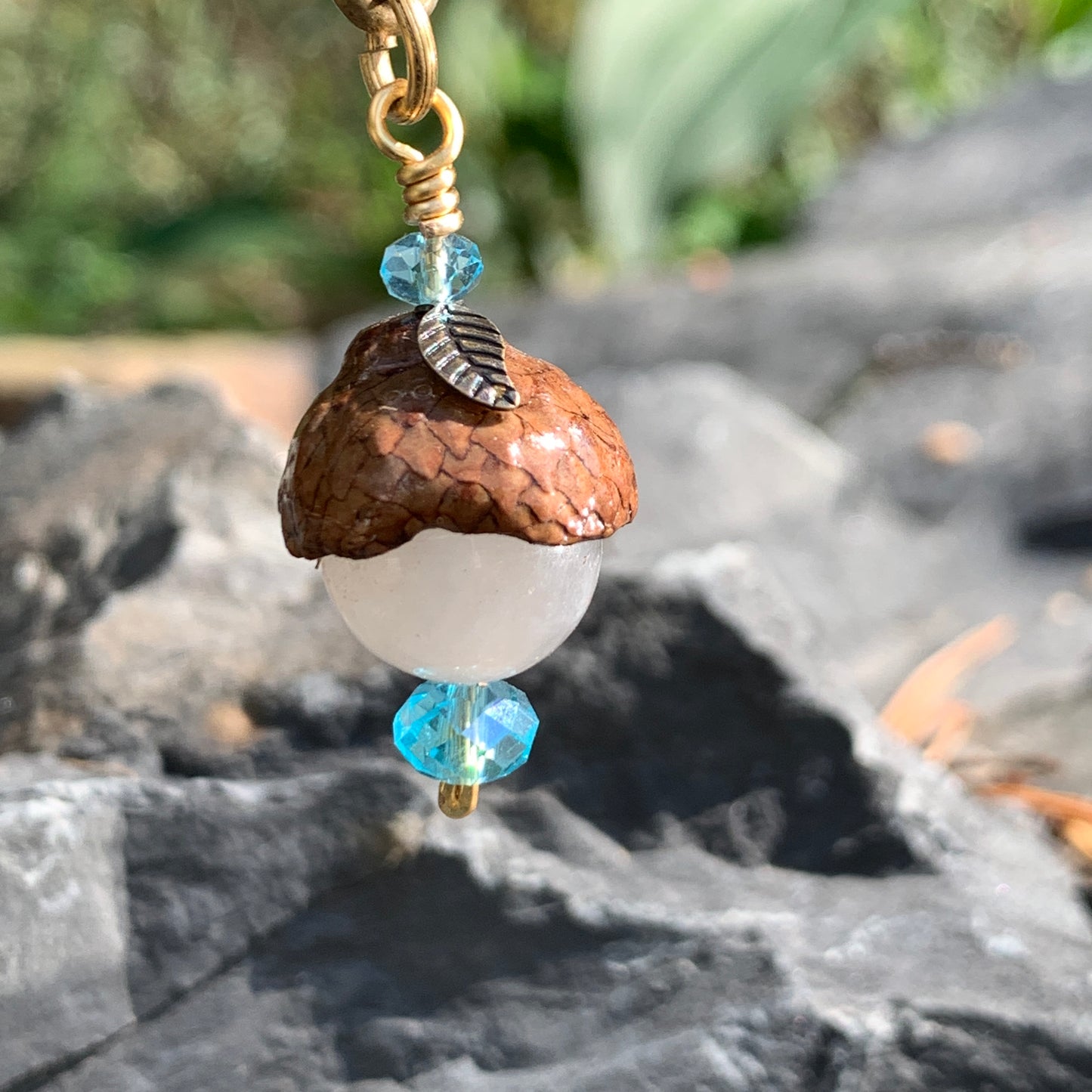 White Moonstone Keyring Acorn Charm