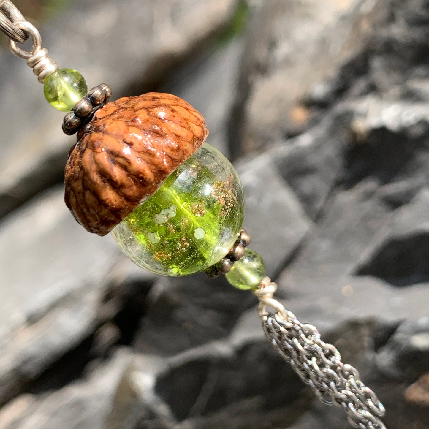 Lime Green Crystal Keyring Acorn Charm w/ Tassels