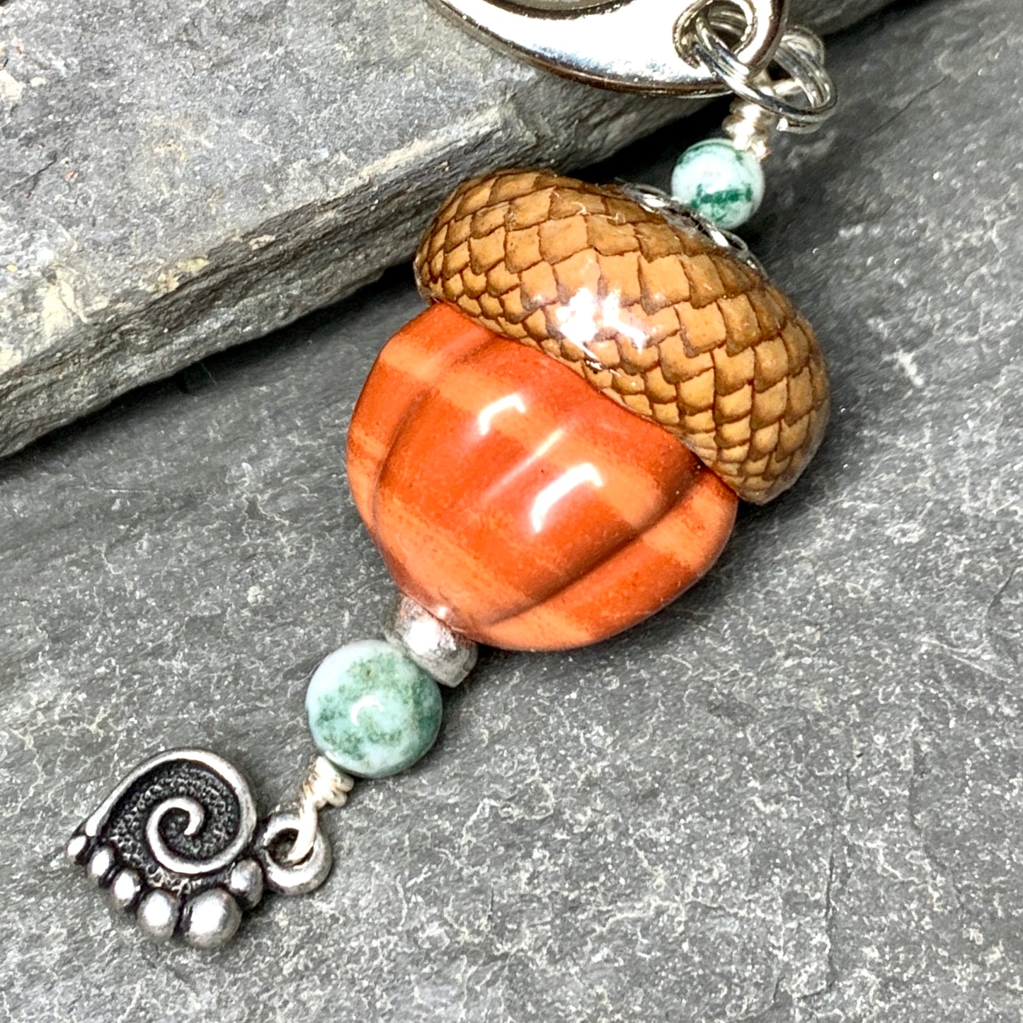 Pumpkin Keyring Acorn Charm w/ Silver Heart