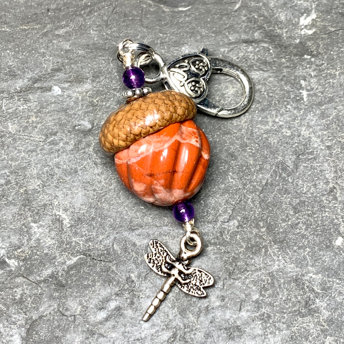 Pumpkin Keyring Acorn Charm w/ Silver Dragonfly