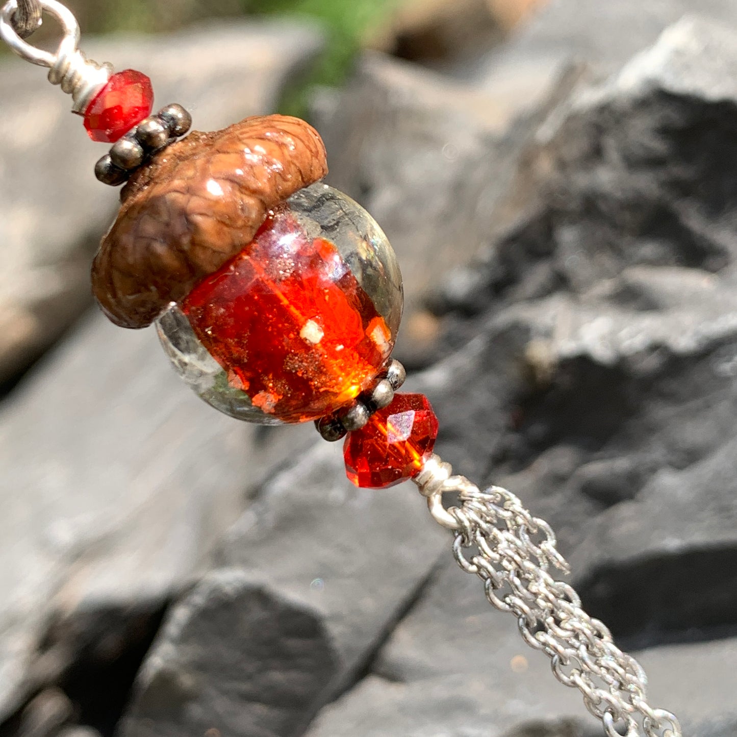 Red Crystal Keyring Acorn Charm w/ Tassels