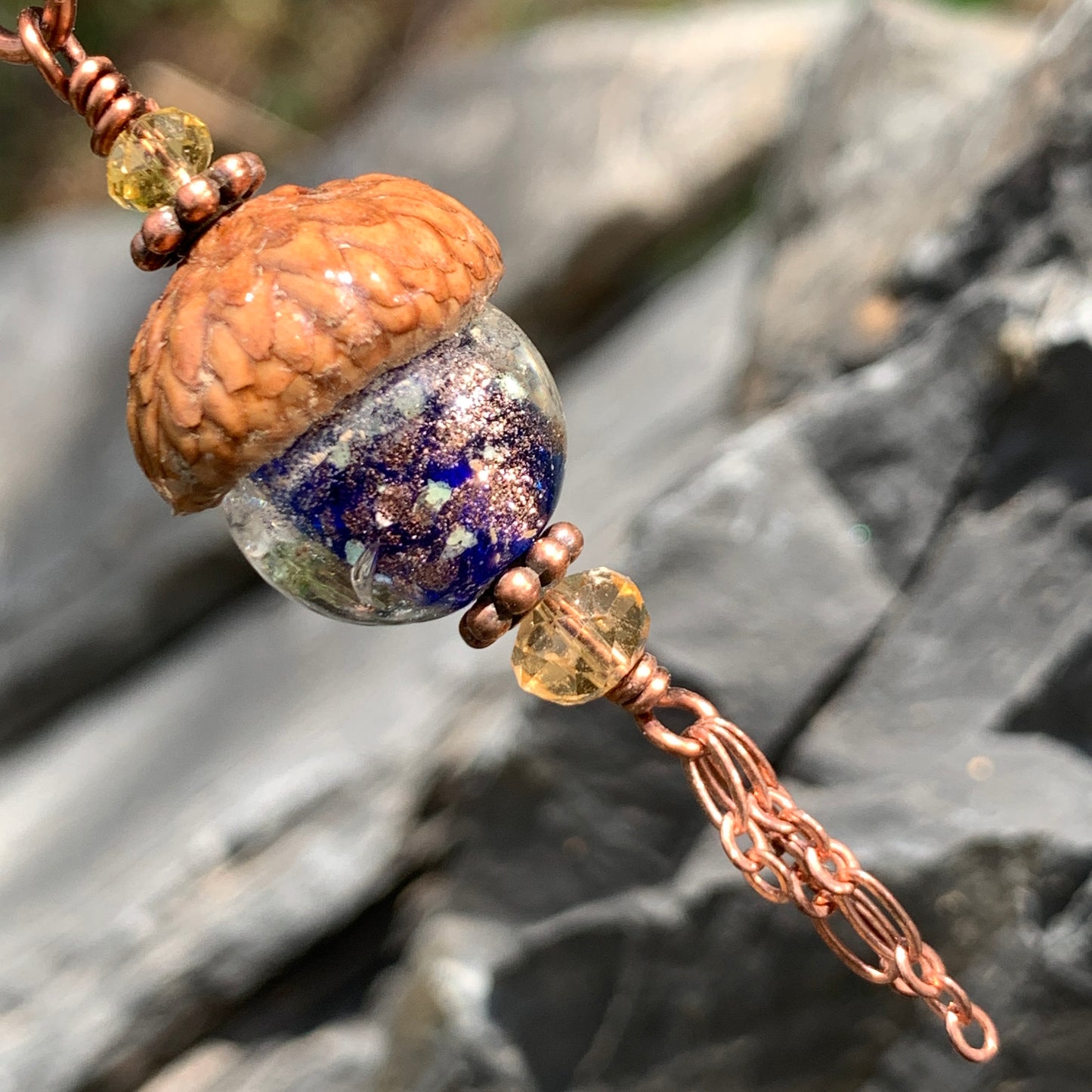 Blue Crystal Keyring Acorn Charm w/ Tassels