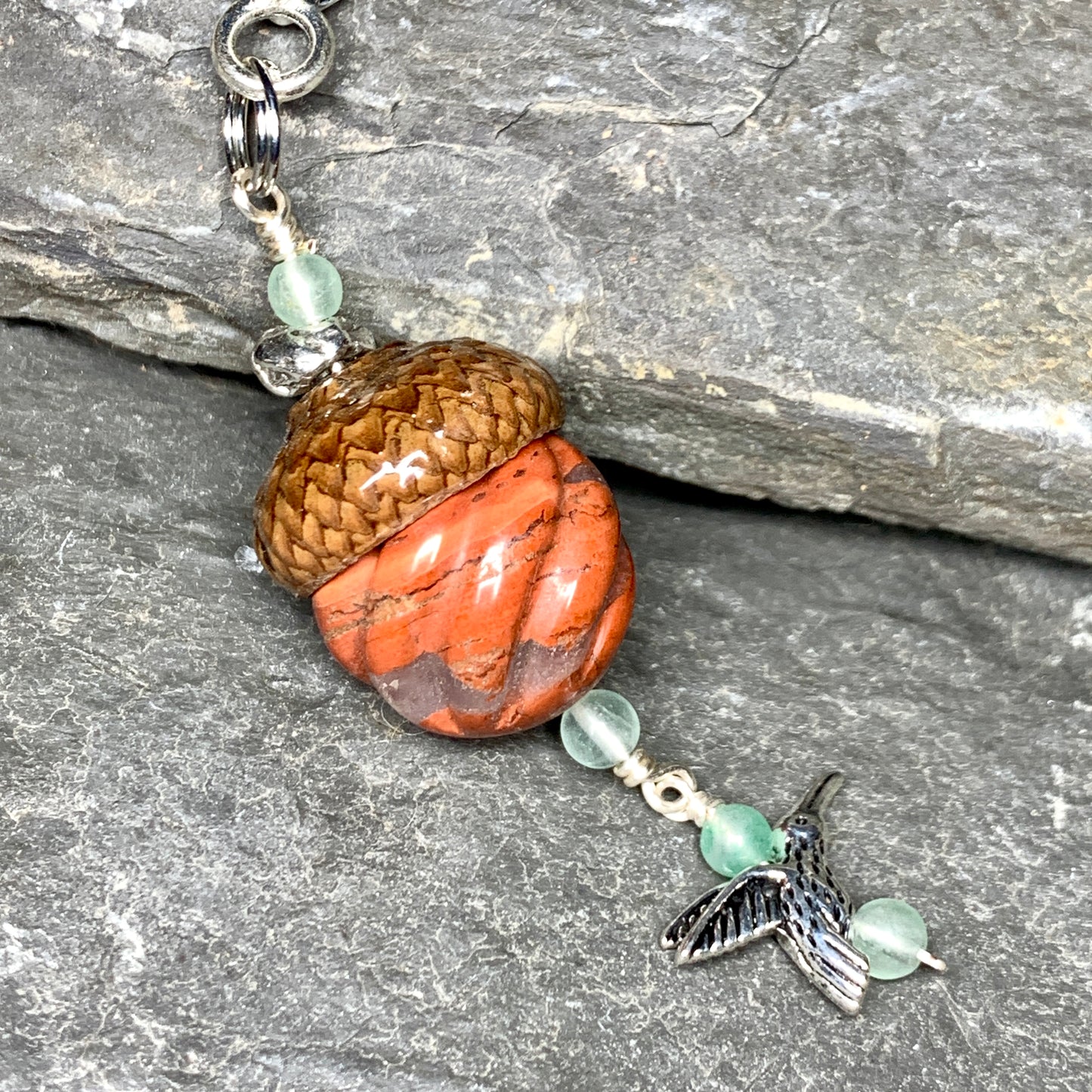 Pumpkin Keyring Acorn Charm w/ Silver Humingbird