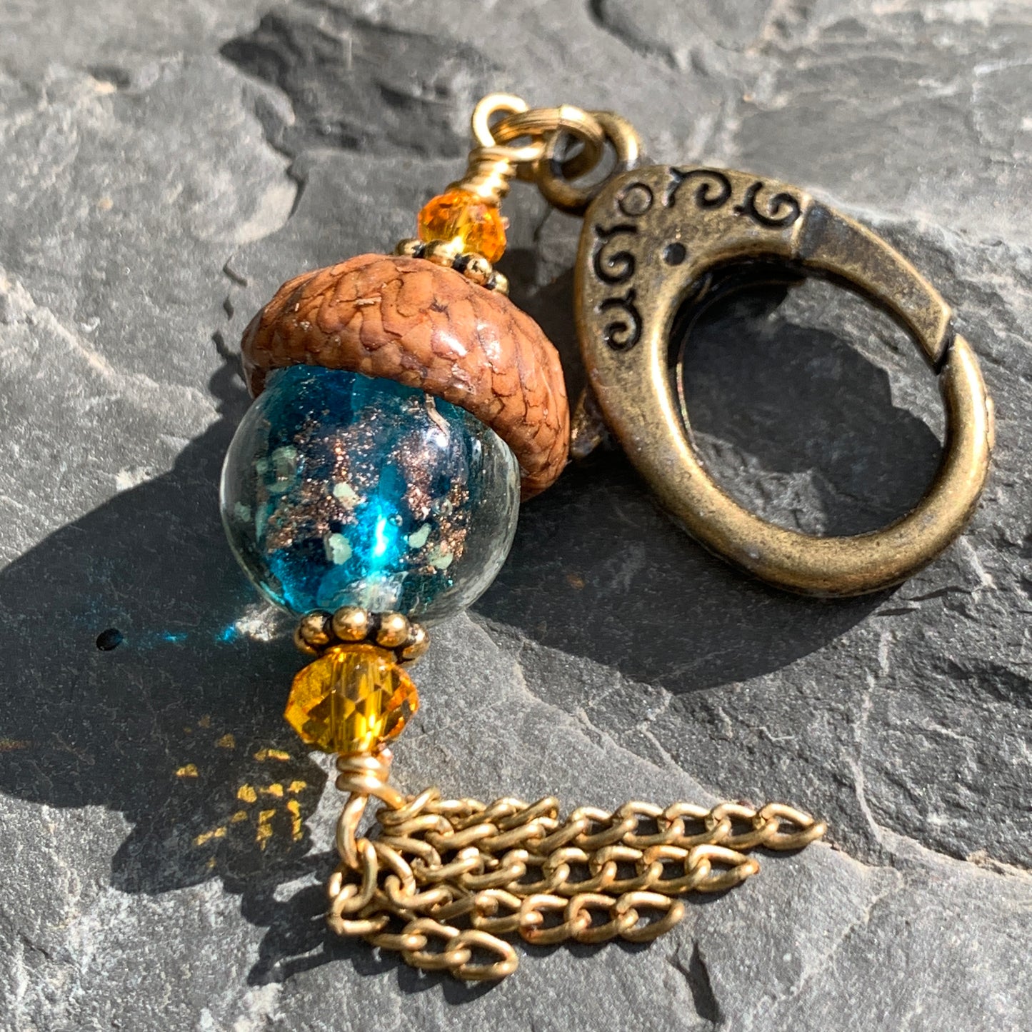 Teal Crystal Keyring Acorn Charm w/ Tassels