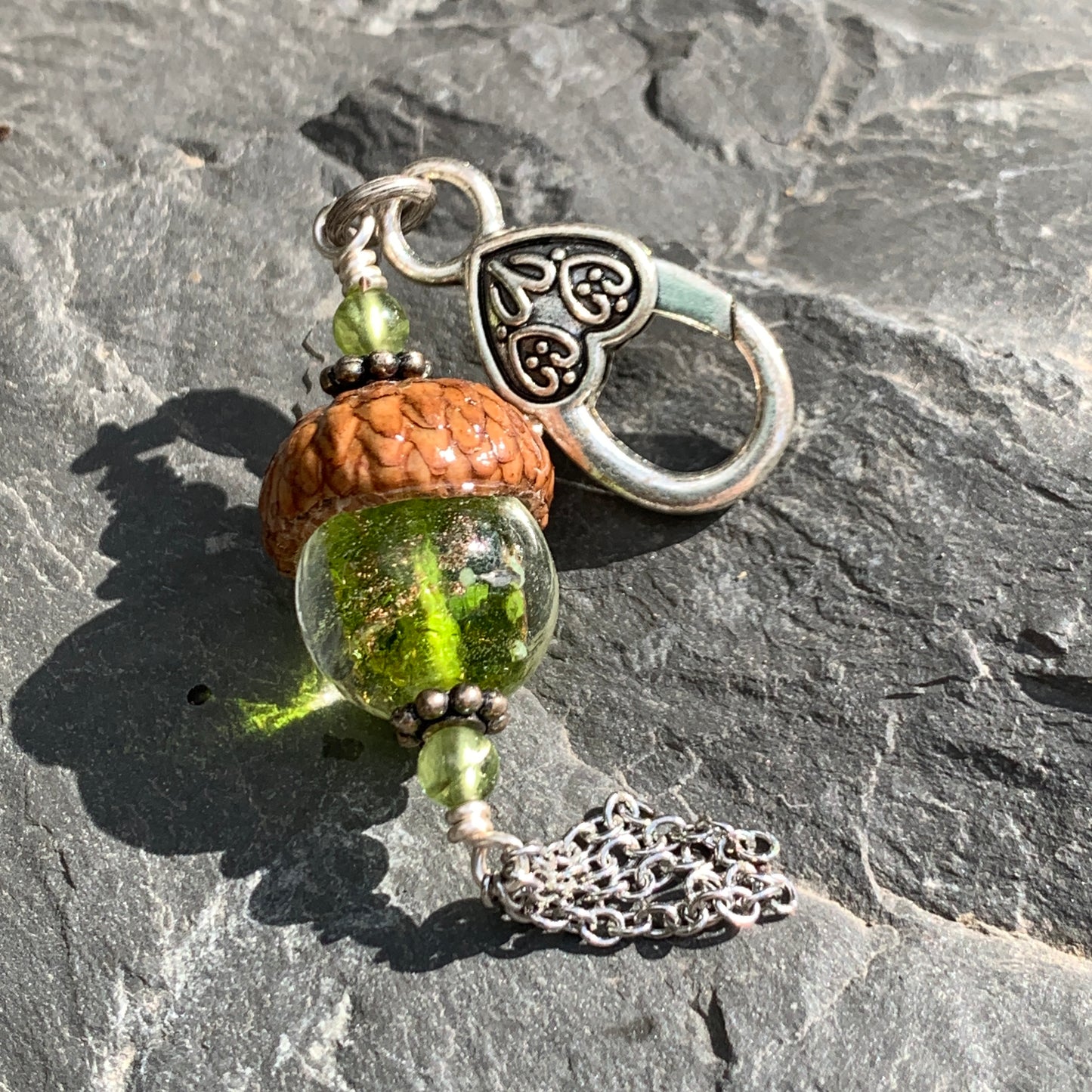 Lime Green Crystal Keyring Acorn Charm w/ Tassels