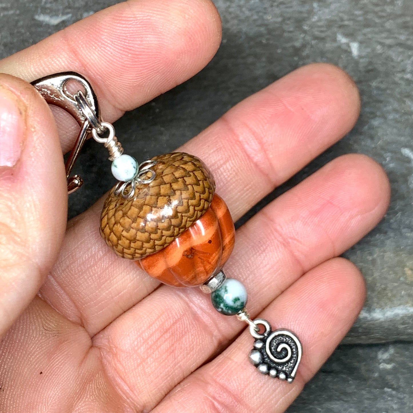 Pumpkin Keyring Acorn Charm w/ Silver Heart