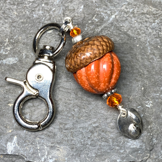 Pumpkin Keyring Acorn Charm w/ Silver Tulips