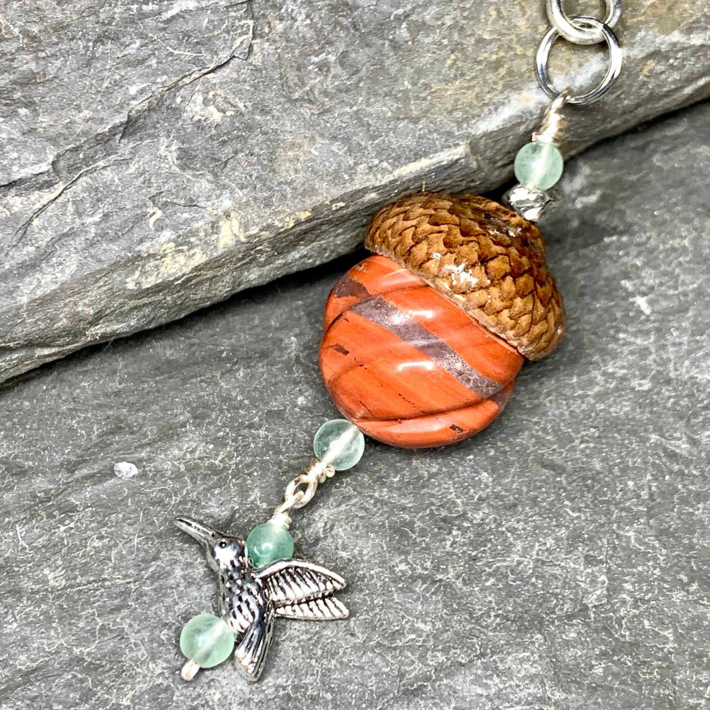 Pumpkin Keyring Acorn Charm w/ Silver Humingbird