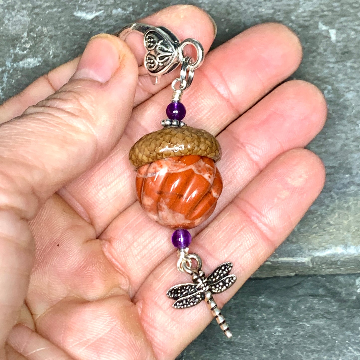 Pumpkin Keyring Acorn Charm w/ Silver Dragonfly