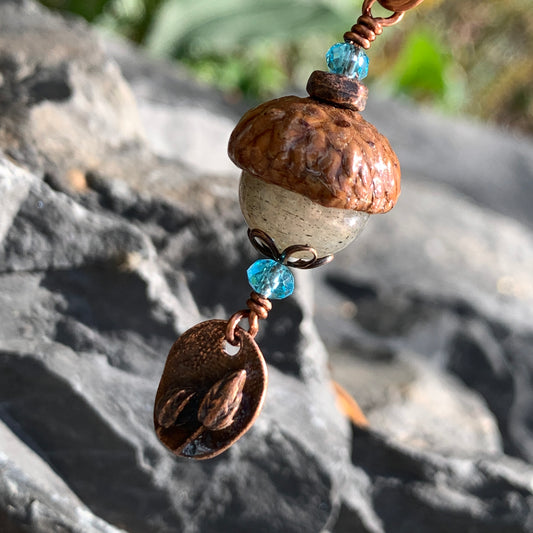 Labradorite Keyring Acorn Charm w/ Copper Tulips