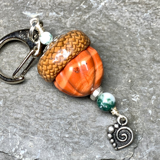 Pumpkin Keyring Acorn Charm w/ Silver Heart