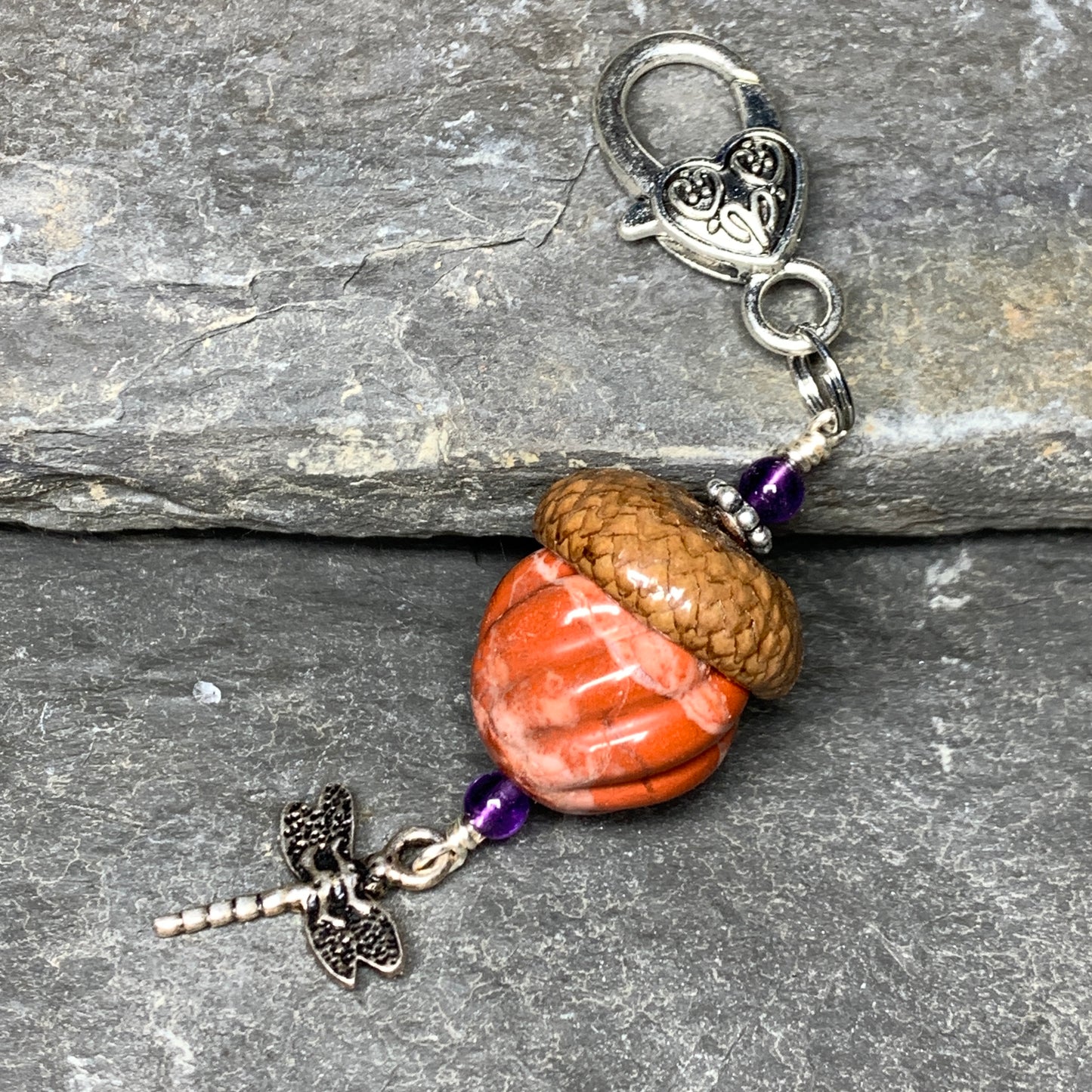 Pumpkin Keyring Acorn Charm w/ Silver Dragonfly