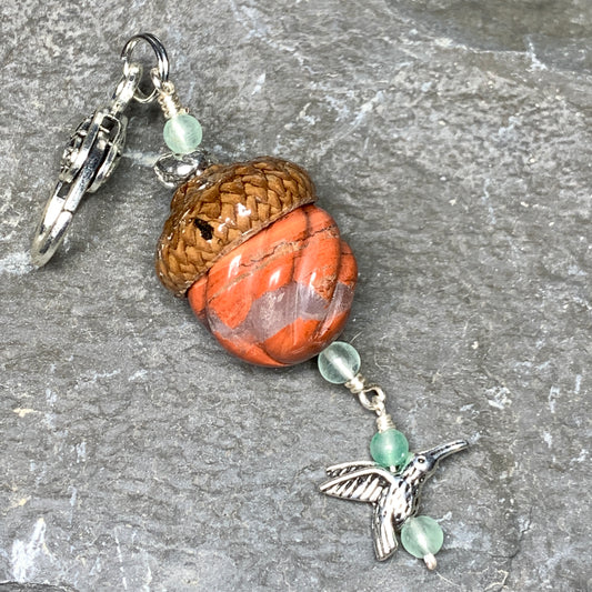 Pumpkin Keyring Acorn Charm w/ Silver Humingbird