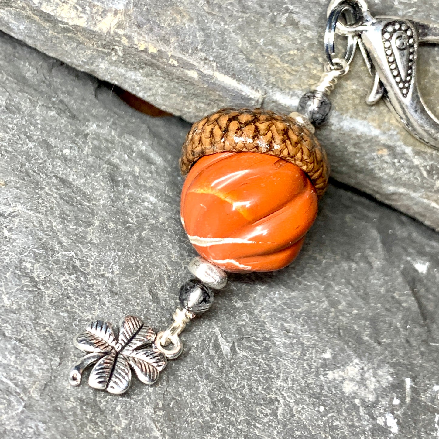 Pumpkin Keyring Acorn Charm w/ Silver Clover