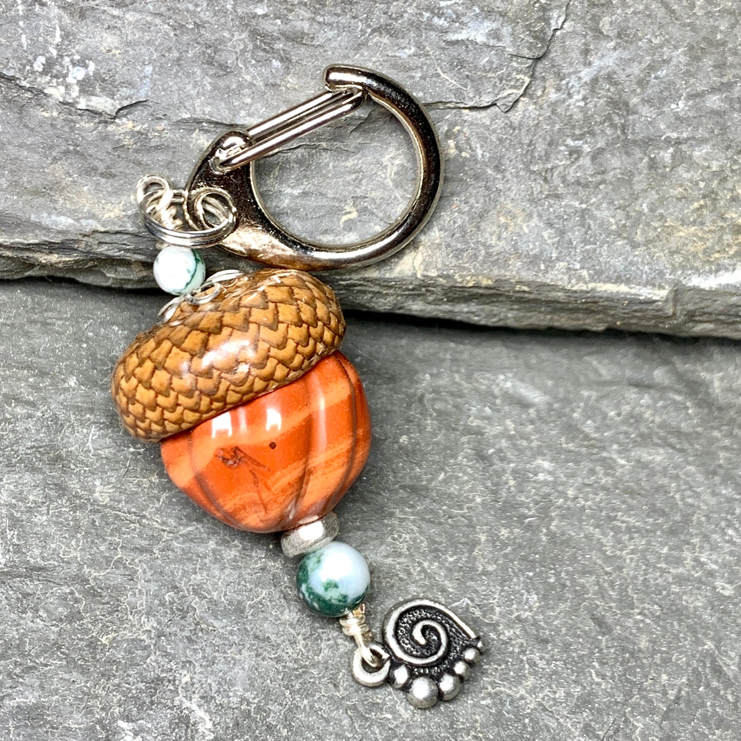 Pumpkin Keyring Acorn Charm w/ Silver Heart