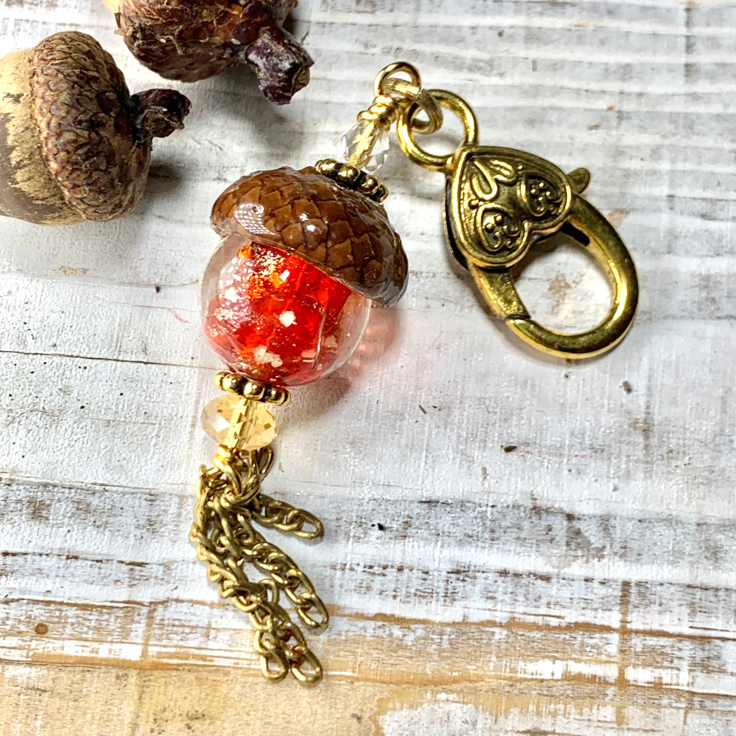 Red Crystal with Gold Flecks Keyring Acorn Charm