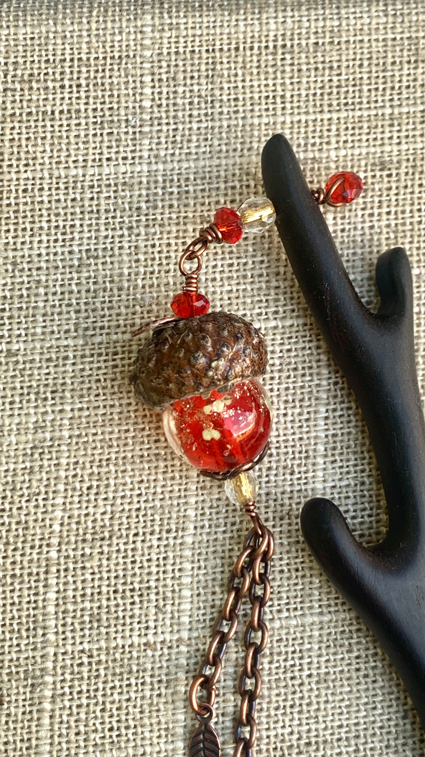 Copper Leaves Hairstick w/ Red Crystal Acorn