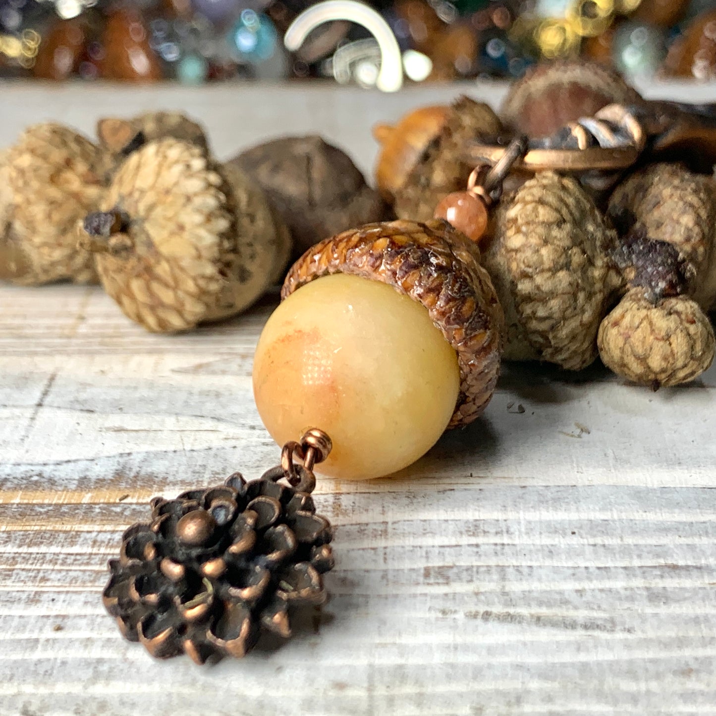 Matt Yellow Jade Keyring Acorn Charm