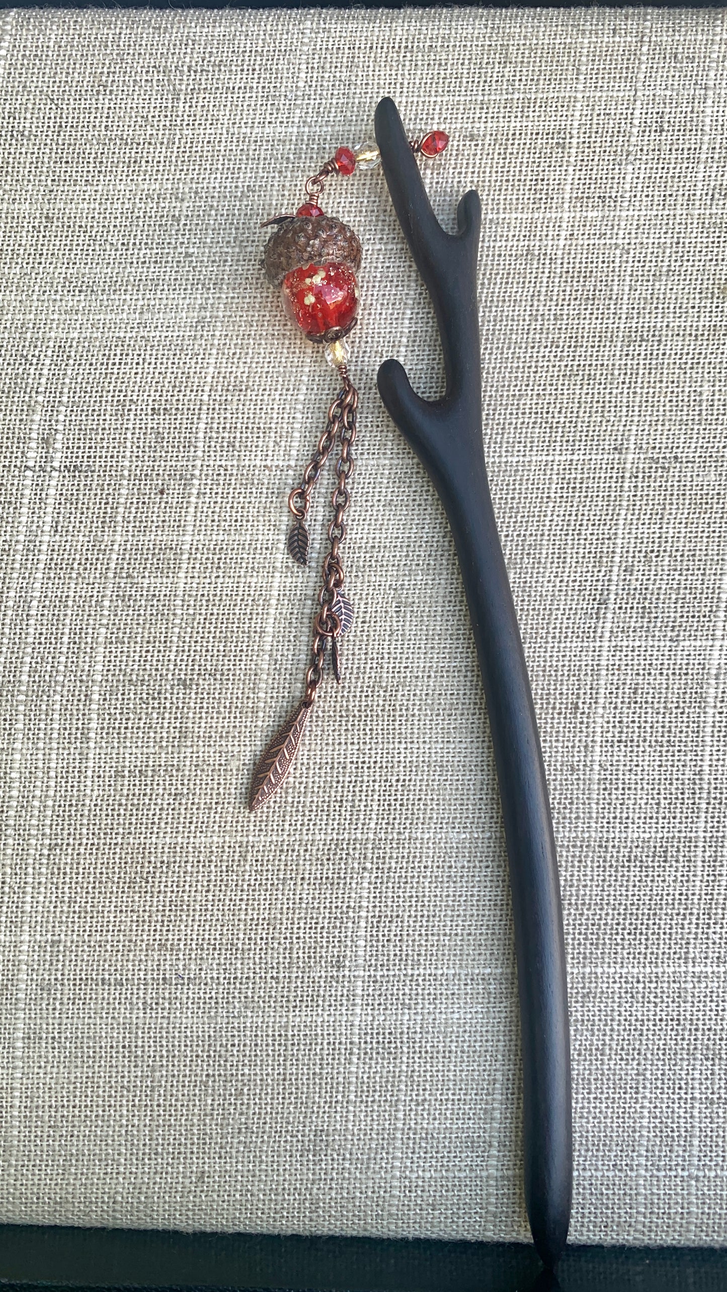 Copper Leaves Hairstick w/ Red Crystal Acorn