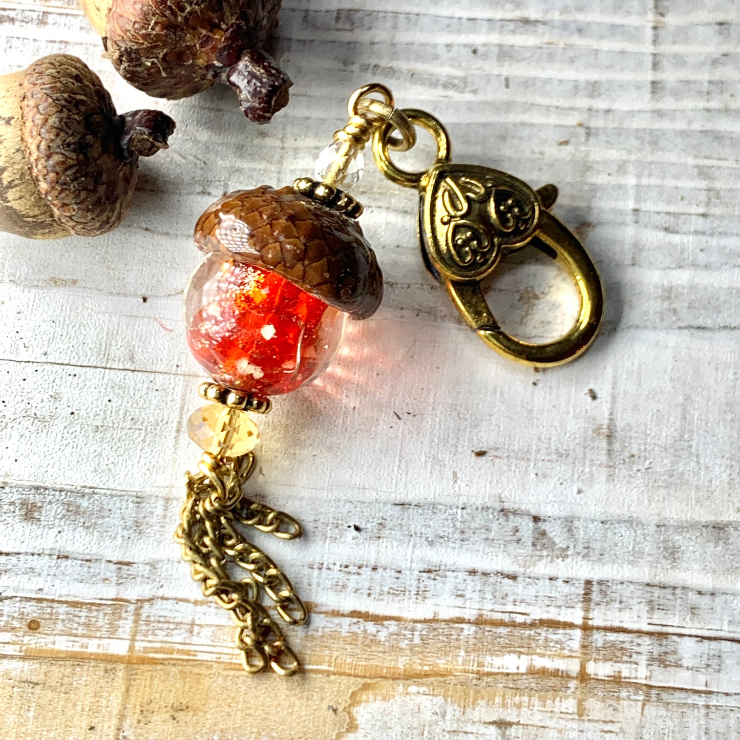 Red Crystal with Gold Flecks Keyring Acorn Charm