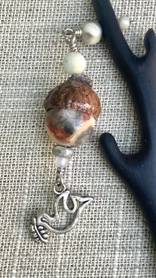 Peace Dove Hairstick w/ Crazy Agate Acorn Gem