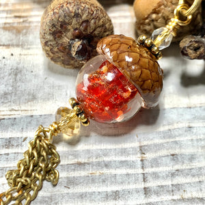 Red Crystal with Gold Flecks Keyring Acorn Charm