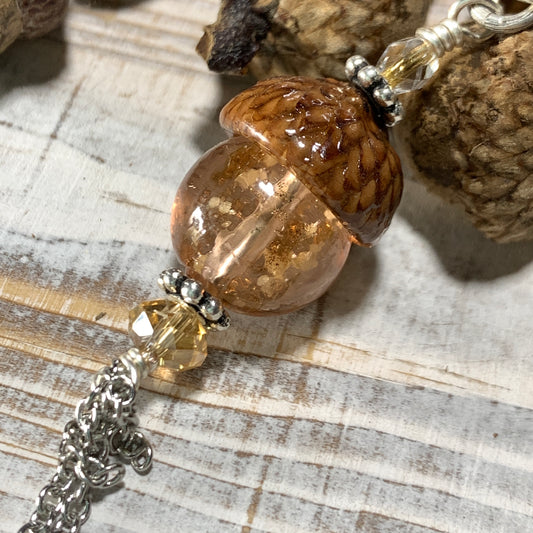 Amber Crystal with Gold Flecks Keyring Acorn Charm