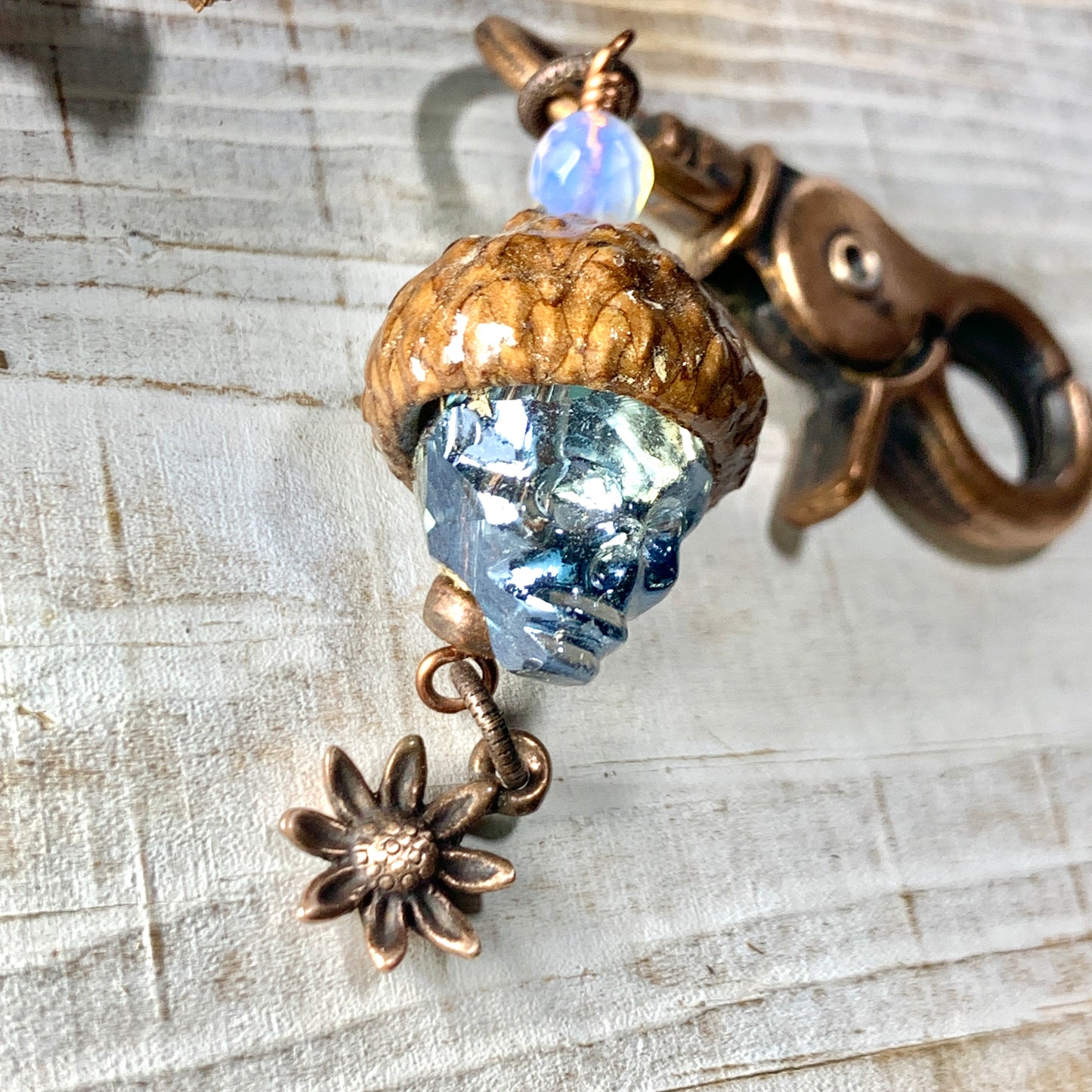 Blue Crystal Skull Flower Keyring Acorn Charm