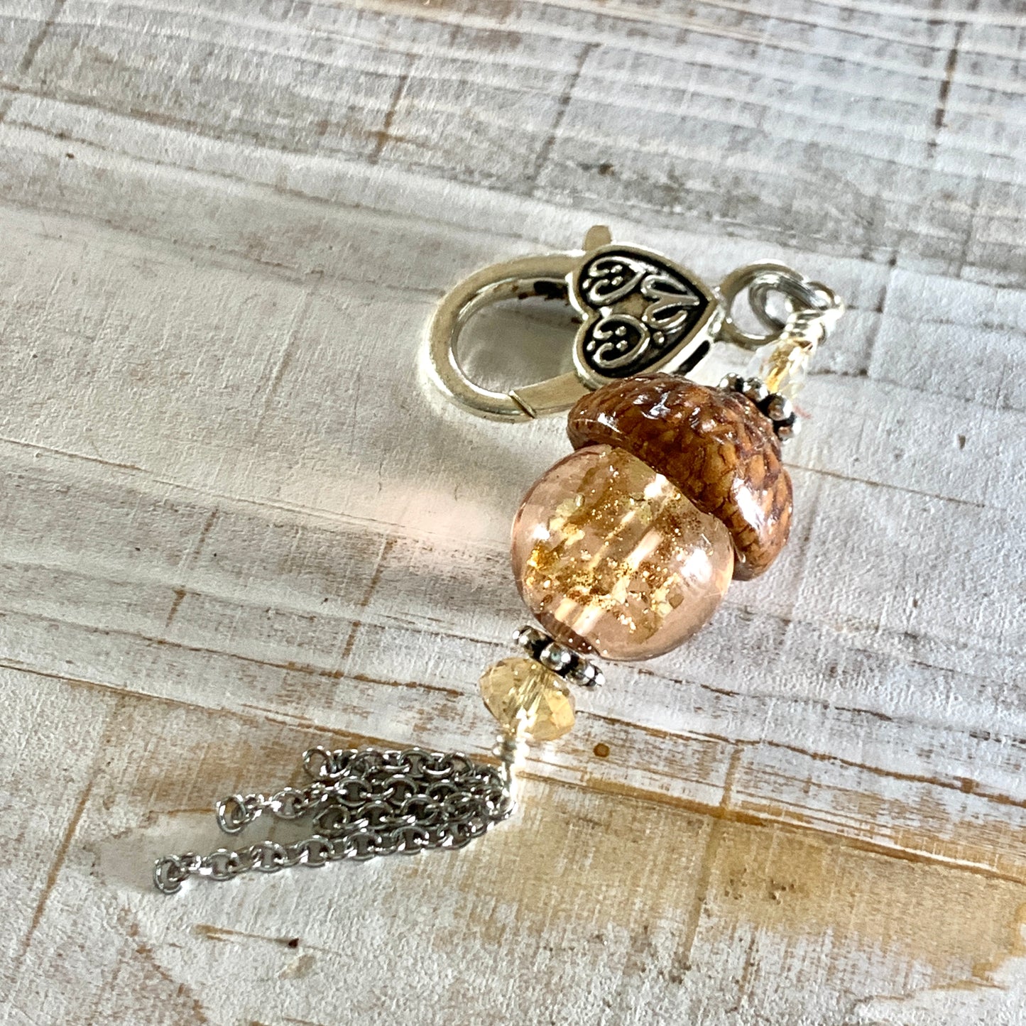 Amber Crystal with Gold Flecks Keyring Acorn Charm