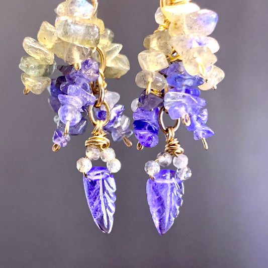 Lavender Leaf Earrings. Tanzanite Cluster Earrings Handmade Chandelier Earrings, CVAG