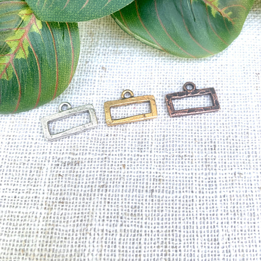 Small Rectangle Charm. Antiqued Silver/Copper/Gold Metal charm for diy crafts. 12X18mm. sold per each. hammered charm. CVAG